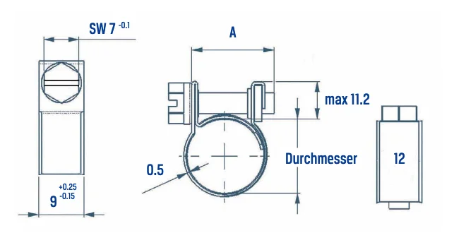 Technische Zeichnung der Mini-Schlauchschelle von WBT